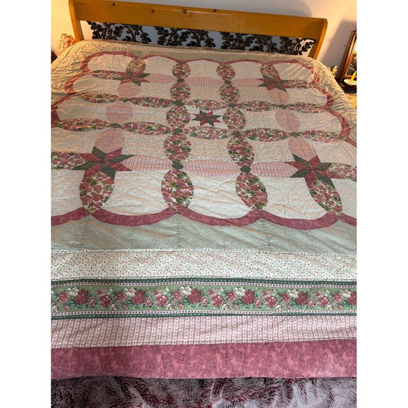 Unbranded Other - Vintage Floral Wedding Ring Star Patchwork Quilt Pink Green Cottagecore queen